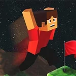 Personaje con apariencia cúbica en camiseta roja salta hacia una bandera roja, con un paisaje estrellado de fondo y el número 6 en la esquina superior derecha