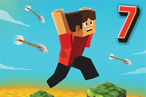 Personaje de estilo pixelado corriendo sobre un paisaje cuadrado mientras esquiva flechas, con el número 7 al fondo