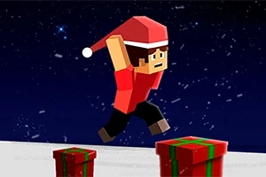 Personaje pixelado con gorro de Santa saltando entre regalos en un paisaje nevado nocturno