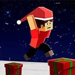 Personaje pixelado con gorro de Santa saltando entre regalos en un paisaje nevado nocturno