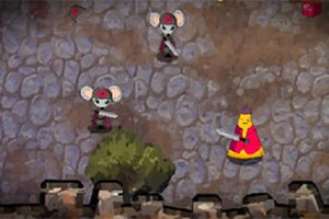 Personajes animados con espadas, incluyendo dos ratones y un gato con capa roja, sobre un suelo de piedra