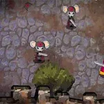 Personajes animados con espadas, incluyendo dos ratones y un gato con capa roja, sobre un suelo de piedra