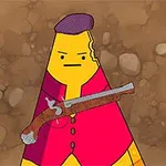 Personaje animado con sombrero morado y chaqueta roja sosteniendo un arma antigua sobre un fondo de piedras y tierra