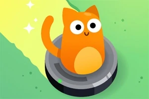Gato naranja de dibujo animado sentado sobre un robot aspirador con fondo verde