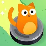 Gato naranja de dibujo animado sentado sobre un robot aspirador con fondo verde