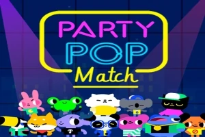 Varios personajes coloridos con apariencia de animales se alinean bajo un cartel luminoso con el texto Party Pop Match en un fondo azul oscuro