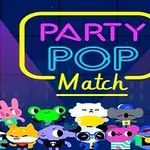 Varios personajes coloridos con apariencia de animales se alinean bajo un cartel luminoso con el texto Party Pop Match en un fondo azul oscuro