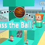 Dos personajes de estilo cuboide están en una plataforma, conectados por una línea con un balón de baloncesto entre ellos, con el texto Pass the Ball en el centro
