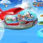 Un avión rojo y blanco con personajes animados volando sobre el océano cerca de una isla con un volcán activo