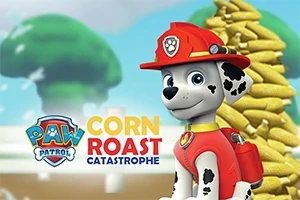 Un perro animado con casco de bombero rojo se encuentra frente a una pila de mazorcas de maíz, con un logotipo colorido y texto