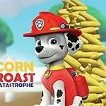 Un perro animado con casco de bombero rojo se encuentra frente a una pila de mazorcas de maíz, con un logotipo colorido y texto