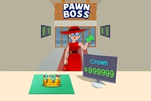 Mujer de rojo con sombrero y billete en mano frente a una tienda con un cartel que dice PAWN BOSS, una corona sobre una mesa y una pantalla que muestra el precio de la corona en dólares