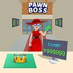 Mujer de rojo con sombrero y billete en mano frente a una tienda con un cartel que dice PAWN BOSS, una corona sobre una mesa y una pantalla que muestra el precio de la corona en dólares