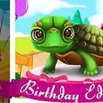 Tortuga animada de ojos grandes en una plataforma circular, con globos y un castillo de fondo, y la inscripción Birthday Edition