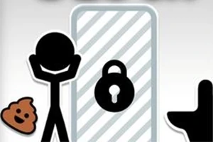 Figura de palitos con las manos en la cabeza, un emoji de excremento, una puerta cerrada con un candado y un inodoro