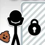 Figura de palitos con las manos en la cabeza, un emoji de excremento, una puerta cerrada con un candado y un inodoro