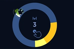 Círculo azul y amarillo con un número 3 en el centro y un icono de dedo señalando, acompañados de un personaje animado en el borde izquierdo
