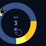 Círculo azul y amarillo con un número 3 en el centro y un icono de dedo señalando, acompañados de un personaje animado en el borde izquierdo
