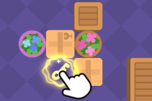 Un cursor en forma de mano señala una llave brillante rodeada de cajas y macetas con flores sobre un fondo violeta