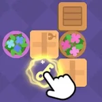 Un cursor en forma de mano señala una llave brillante rodeada de cajas y macetas con flores sobre un fondo violeta