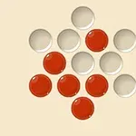 Nueve fichas rojas y seis fichas blancas dispuestas en forma de estrella sobre un fondo beige con bordes azules