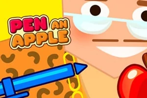 Personaje animado con gafas sonríe sosteniendo una manzana roja y un bolígrafo azul, acompañado del texto Pen an Apple