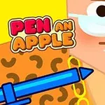 Personaje animado con gafas sonríe sosteniendo una manzana roja y un bolígrafo azul, acompañado del texto Pen an Apple