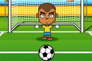 Caricatura de un portero de fútbol con expresión determinada y una pelota en primer plano frente a la portería