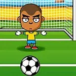 Caricatura de un portero de fútbol con expresión determinada y una pelota en primer plano frente a la portería