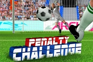 Jugador pateando un balón de fútbol hacia un portero en un estadio, con las palabras Penalty Challenge en el césped