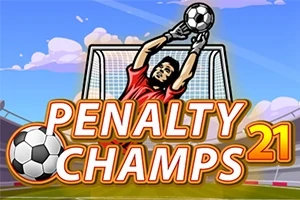 Portero atajando un balón de fútbol frente a una portería, con el texto Penalty Champs 21 en primer plano