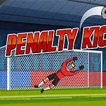 Portero lanzándose a detener un balón de fútbol frente a una portería, con un jugador al lado y la frase PENALTY KICK en grande