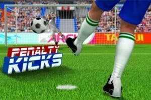 Un jugador de fútbol en el momento de patear un balón hacia la portería, con el texto Penalty Kicks sobre el césped del campo