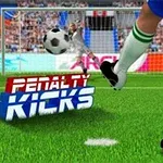 Un jugador de fútbol en el momento de patear un balón hacia la portería, con el texto Penalty Kicks sobre el césped del campo