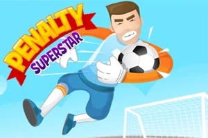 Un portero animado se lanza para atrapar un balón de fútbol frente a una portería con las palabras Penalty Superstar en la esquina superior izquierda
