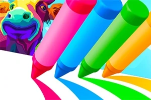 Crayones de colores vibrantes trazan líneas en un papel mientras se ve una ilustración de una vaca al fondo