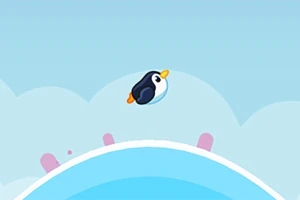 Pingüino volando sobre un paisaje con colinas azules y cielo claro