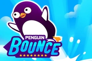 Pingüino caricaturesco sobre un fondo azul brillante con texto grande que dice Penguin Bounce