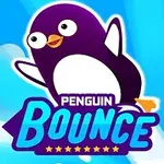 Pingüino caricaturesco sobre un fondo azul brillante con texto grande que dice Penguin Bounce
