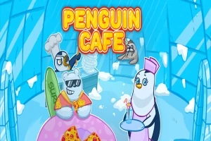 Pengüinos en un café ambientado en un iglú, con un oso polar disfrutando pizza y una pingüina mesera sosteniendo una bandeja