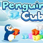Pingüino con un bloque de hielo colorido frente a una pila de cubos de hielo en un paisaje nevado
