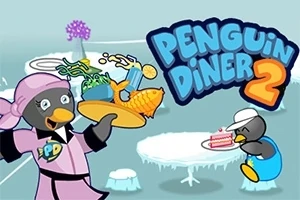 Un pingüino vestido como mesero lleva una bandeja con comida mientras otro pingüino sostiene un pastel, con el logo del título Penguin Diner 2 en el fondo