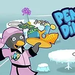 Un pingüino vestido como mesero lleva una bandeja con comida mientras otro pingüino sostiene un pastel, con el logo del título Penguin Diner 2 en el fondo