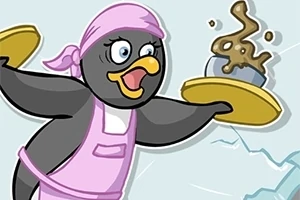 Pingüino cocinero con un delantal rosa llevando un plato de comida en cada ala