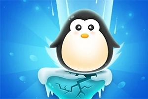 Pingüino caricaturizado sobre un bloque de hielo agrietado con un fondo azul brillante
