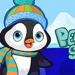 Pingüino con gorro y bufanda frente a un fondo de hielo con texto estilizado
