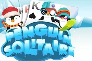 Pingüinos con sombreros festivos sobre un fondo de cartas de póker y un texto grande cubierto de hielo