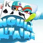Pingüinos con sombreros festivos sobre un fondo de cartas de póker y un texto grande cubierto de hielo
