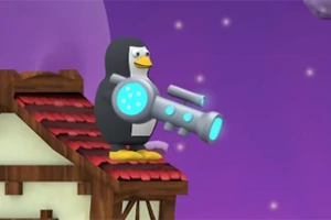 Pingüino con un cañón futurista sobre el techo de una casa con fondo de cielo estrellado