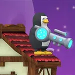 Pingüino con un cañón futurista sobre el techo de una casa con fondo de cielo estrellado